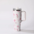 Detailed view of 304 stainless steel tumbler with floral pattern and ergonomic handle - 1L / Pink Rose Floral (Style 2)