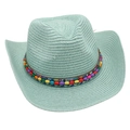 Detailed close-up of light blue straw cowboy hat featuring colorful ethnic beaded band decoration - Mint Green