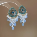 Close-up of vintage drop earrings with blue rhinestones and white pearl tassels - 23# Gold Blue Hollow Teardrop Pearl Tassel Style