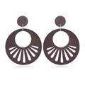 Detailed view of dark brown hollowed-out wooden round earrings with geometric patterns - #5 Round Radial Hollow Style