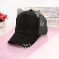 Detail of rhinestone cat ears on a black mesh baseball cap with silver metal rings - Adult, Adjustable / Mesh Black
