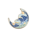 Artistic crescent moon enamel brooch with blue wave pattern and golden metal edge - Wave Crescent Moon