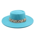 Detail of the chevron weave band on the wide brim blue wool felt boater hat - M (56-58cm) / Lake Blue