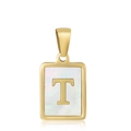 Golden stainless steel rectangle pendant with a mother-of-pearl 'T' letter inlay - Letter T