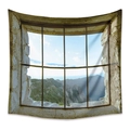 Detail of 3D window view tapestry showing lush forest mountains and a clear blue sky - Zj714-10