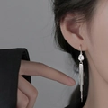 Elegant long silver tassel star earrings with sparkling cubic zirconia on female model - Flower Zircon Ear Threader
