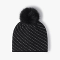 Gorro de punto negro para mujer con rayas de brillo plateado y pompón para el invierno - Negro