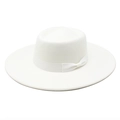 Top view of white wool fedora hat featuring a wide brim and matching ribbon bow detail - White