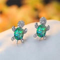 Silver turtle earrings with vibrant green opal and sparkling zircon micro-pave - White Gold Plated Green Opal