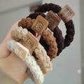 Handmade knitted elastic hair ties in neutral earth tones with bear pattern leather tags - (Thick) Mixed 5pcs (Bagged)