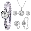 Elegant silver quartz watch and jewelry set featuring sparkling rhinestone halo design - Silver 5-Piece Jewelry Set (5089104098890)