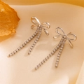 Silver bow earrings with tassel heart charms and sparkling cubic zirconia stones - Rhinestone Bow Tassel Steel
