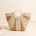 Contrast color straw tote bag with round handles for beach vacations and holidays - Beige & Coffee