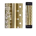 Set da 3 rotoli di carta regalo oro con scritte natalizie, finitura metallica e pois bianchi - Set da 3 Rotoli Serie Oro