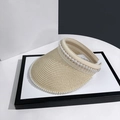 Beige straw visor hat with pearl embellishments and elegant woven design for summer - Beige
