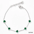 Bracelet en acier inoxydable argenté avec cinq breloques cœurs en zircon vert et chaîne - Argent + Zirconium Vert (SAP940)