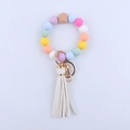 Silicone beaded wristlet keychain with macaron colors, wood bead, and white tassel - White