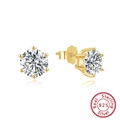 Macro shot of 925 sterling silver six-prong stud earring in gold finish with clear stone - Gold Six-Prong Studs SE335-14K / Gold