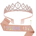 Birthday Girl rose gold tiara and glitter sash set with crystals for parties - BIRTHDAY GIRL Rose Gold Holographic Set
