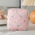 Pink quilted cotton sanitary napkin storage bag with cute rabbit and flower pattern - Pink Bunny