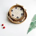 Set of 3 round rattan trays with shell inlay pattern and wooden handles for storage - Golden Branch / Three-Piece Set