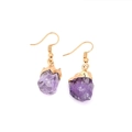Natural amethyst raw stone earrings with gold plated hooks in irregular bohemian style - Amethyst