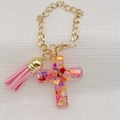 Golden chain accessory with pink tassel and colorful heart sequin resin cross pendant - Pink Heart (Colorful Heart Sequin Cross + Pink Tassel)