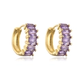Close-up of 18K gold plated huggie earrings featuring baguette-cut purple zircon stones - Purple (41867)