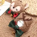 Christmas plush reindeer brooch with red-green satin bow and a small gold bell charm - Reindeer (Ribbon & Bell) - Brooch Style