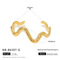 Close-up of wavy gold stainless steel bangle showing hammered texture and dimensions - Wide Hammered Wave Open Bangle (NB-B6307-G)