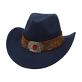 Detail of navy western cowboy hat featuring ethnic embroidery and red gemstone on leather band - One Size / Navy Blue