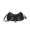 Chic black crescent shoulder bag with silver buckle details and shiny leather texture - Black