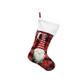 Red plaid Christmas stocking with 3D faceless gnome and plush cuff on white background - Red Plaid Gnome / Red