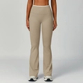 High-waisted khaki flare yoga pants with white contrast waistband for fitness - Flaxen