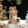 Illuminated wooden Christmas cabin with faux snow, pine cones and warm LED light decoration - Pine Cone Snow House Style E Battery Model