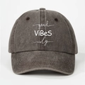 Detail of Good Vibes Only print on dark grey washed cotton baseball cap texture - One Size / Coffee