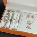 5-piece rose gold watch and jewelry gift set with rhinestones in a luxury orange box - Black Dial (5pcs Set)