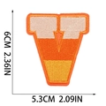 Detail of letter V Halloween patch with orange gradient embroidery and size dimensions - Letter V