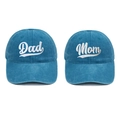 Detail of Dad and Mom embroidered washed cotton baseball caps in blue set of two - One Size / Lake Blue