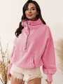 Sweat à capuche rose pour femmes avec demi-zip, col montant et poche kangourou - Rose