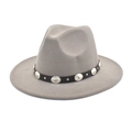 Grey wool fedora hat with black leather band and silver metal buckles for outdoor travel - M (56-58cm) / Light Gray
