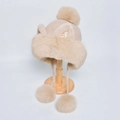 Beige winter knit hat with cat ears, faux fur lining, and three fluffy pom poms - Beige