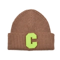 Close-up of brown ribbed knit beanie featuring a vibrant neon green letter C patch - Coffee & Yellow