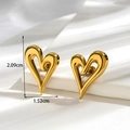Abstract hollow heart stud earrings in polished gold steel with size dimensions shown - Gold Hollow Heart (ER-1116)