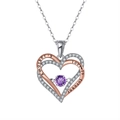 Bohemian double heart necklace with purple crystal and 'A mother's love is forever' text - Amethyst White Gold Plated, Approx. 2.73g