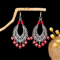 Bohemian dangle earrings with red beads and vintage silver filigree on wooden branch - Antique Silver + Red Beads (E5774-26)