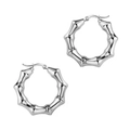 Pair of silver-tone hollow bamboo style round hoop earrings with polished mirror finish - Steel Small Bamboo Hollow Earrings (MS-120)