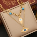 Double-layered stainless steel necklace with blue turquoise bead and gold eye pendant - 1# Necklace