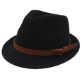 Detail of black wool fedora hat featuring a brown faux suede band and metal buckle accent - Black (Yellow Cord Decor)