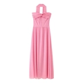 Elegantes rosa Neckholder-Maxikleid mit plissiertem Oberteil und weitem Netzrock - S / Aprikose